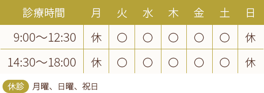 川崎市高津区溝の口の心療内科・精神科 高津心音メンタルクリニックの診療時間は（火～土）9：00～12：30　14：30～18：00 休診：月曜、日・祝