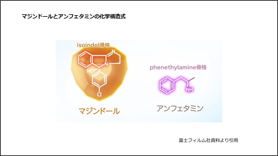 マジンドールとアンフェタミンの化学構造式