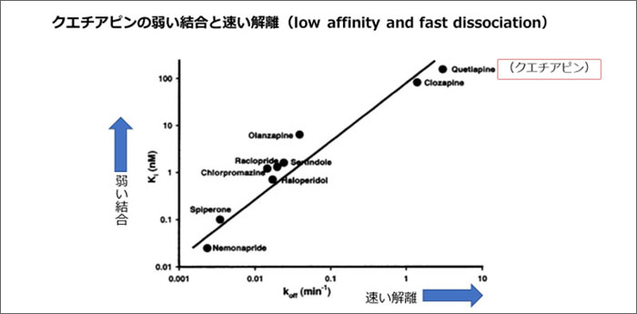 クエチアピンの弱い結合と早い解離